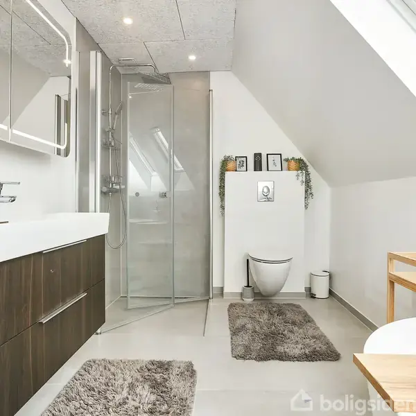 Badeværelse med moderne vask og skab, brusekabine i glas, toilet og dekorative hylder. Et lyst rum med tæpper på gulvet og et skråt loft med ovenlysvindue.