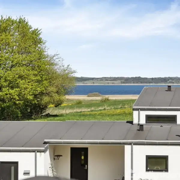Hus med fladt tag står stille i forgrunden, mens baggrunden viser en sø blandt grønne træer og blå himmel.