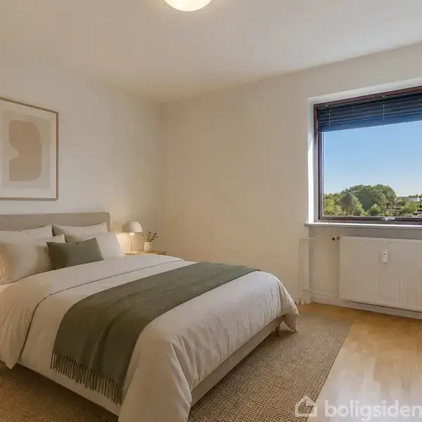 En dobbeltseng står redt med en grøn plaid i et lyst soveværelse. Der er et natbord med lampe på hver side, et vindue med udsigt og et billede på væggen.
