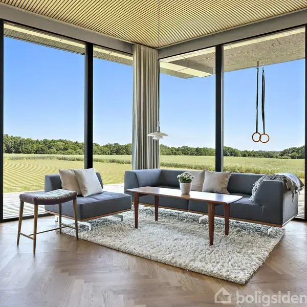 En grå sofa står på et lyst tæppe i en moderne stue med store glasvægge, der viser en udsigt over en grøn mark og blå himmel. En plante står på sofabordet.