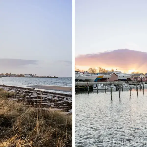 To fotografier side om side viser en kystlinje med græs i forgrunden til venstre og en marina ved solnedgang til højre, med både og moler.