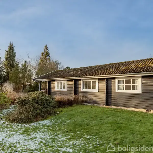 Et sort hus med flimrende vinduer står i en have, hvor lidt sne ligger på det grønne græs. Der er buske og høje træer i baggrunden under en klar himmel.