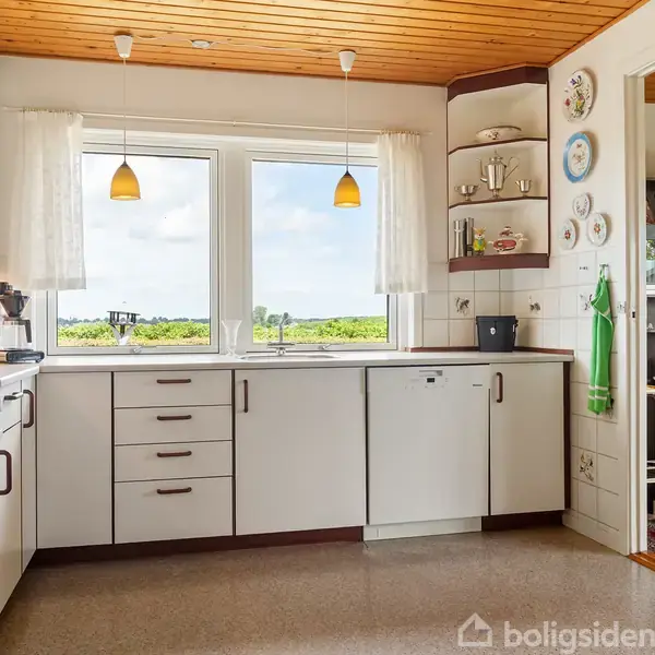 Et lyst køkken med hvide skabe og skuffer. To vinduer lader dagslys strømme ind, mens en hylde med porcelæn hænger på en væg. Der ses grøn natur udenfor.