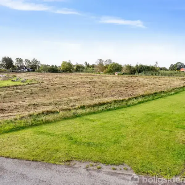 En stor, åben mark med nyklippet græs breder sig ud i landskabet. Forgrunden viser en vej og en grøn græskant. Der er træer og huse i baggrunden.