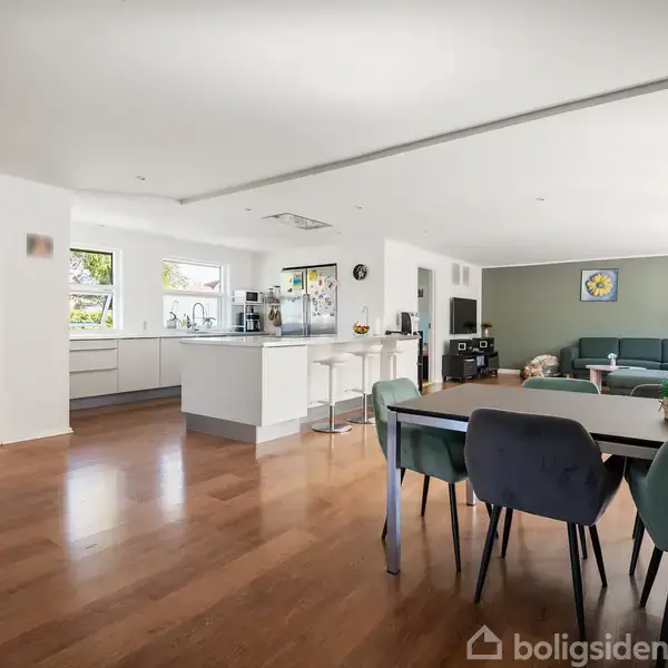 Åben stue med spisebord i forgrunden, moderne køkken til venstre, stue med sofa i baggrunden, trægulv. Lyst miljø med vinduer og grønne planter.