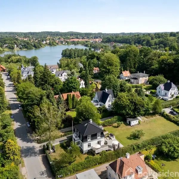 Flere huse ligger langs en træfyldt vej med haver, omgivet af frodig vegetation. I baggrunden ses en stor sø, omgivet af skovklædte områder under en blå himmel.