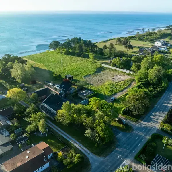 Et boligområde set fra luften med huse omgivet af grønne træer. En vej løber langsomt gennem området. I baggrunden ses en mark og havet strækker sig mod horisonten.