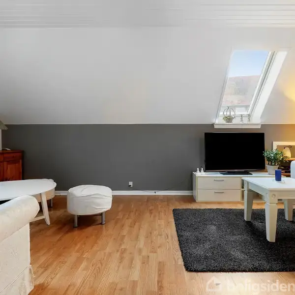 En moderne stue med sofaer og borde placeret på et trægulv. En sort fladskærm står på et tv-bord. Rummet er lyst op af naturligt lys fra et skråvindue.