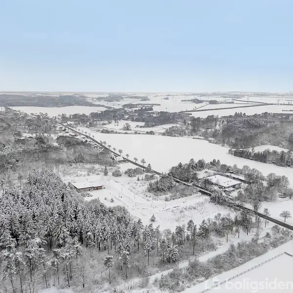 Sneklædt landskab strækker sig over et åbent område med marker og skove. En vej skærer gennem landskabet, omgivet af træer dækket af sne. Klar, blå himmel i baggrunden.