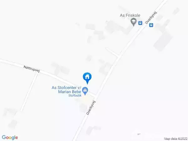 Et kort viser Ørebjergvej og Nøttrupvej. "As Stofcenter v/ Marian Bebe" er markeret som en butik, mens "As Friskole" er synlig lidt længere oppe ad Ørebjergvej.