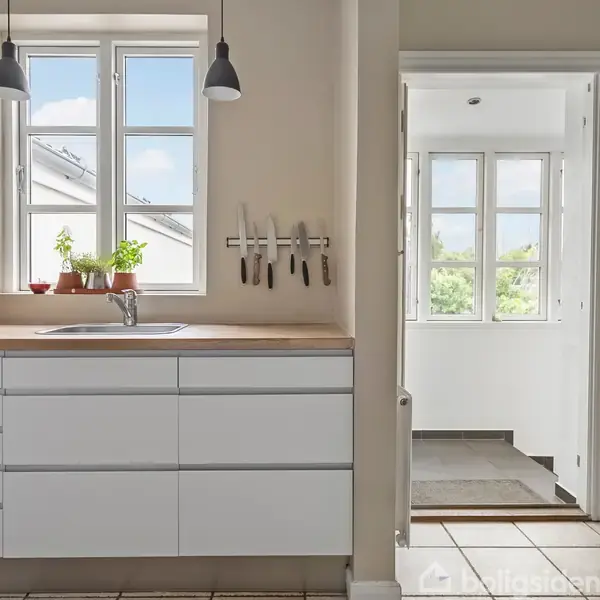 Køkkenbord med vask og planter står under et vindue. Knive hænger på væggen. En elkedel er til stede. En dør fører til et lyst rum med vinduer.