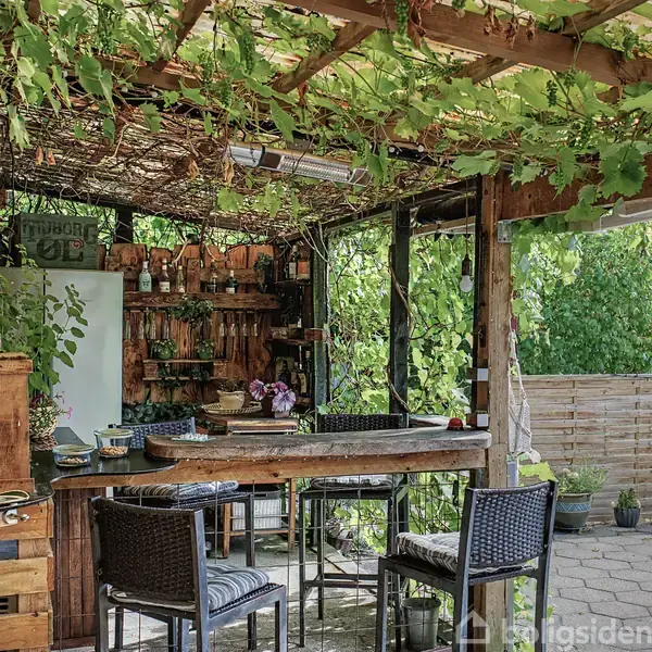 En overdækket terrasse med træmøbler og rattan-stole står under en pergola med grønne slyngplanter. Et bord er centralt, omgivet af forskellige dekorationer. Grønne planter omgiver området. Skiltet "Tuborg" ses på væggen.