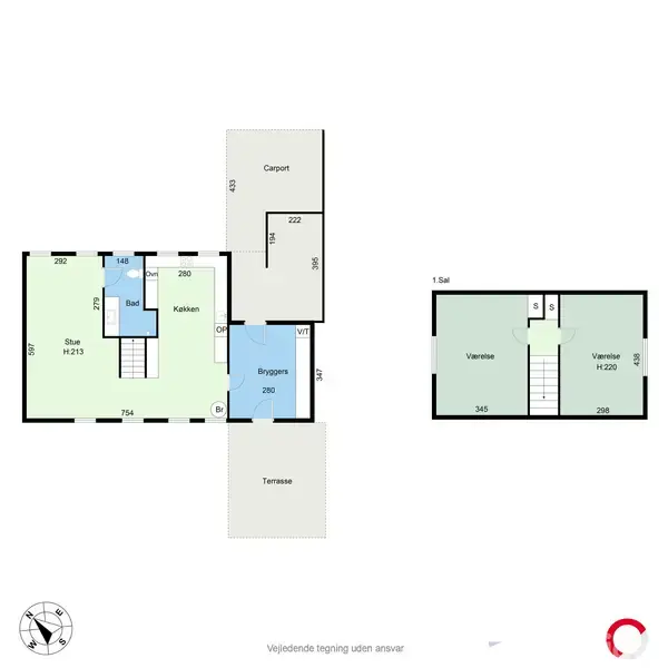 Grundplan viser et hus i to niveauer. Stueetagen har badeværelse, stue, køkken, bryggers, terrasse og carport. Første sal har to værelser. Mål er angivet i kvadratmeter ved hvert rum.