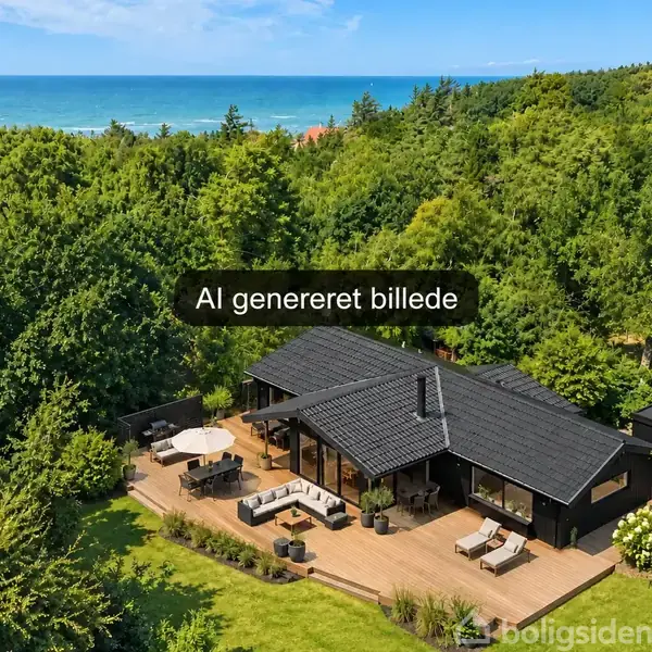 Sort træhus står på en rummelig terrasse med havemøbler, beliggende i en frodig skovklædt omgivelser nær kysten. Tekst: "AI genereret billede".