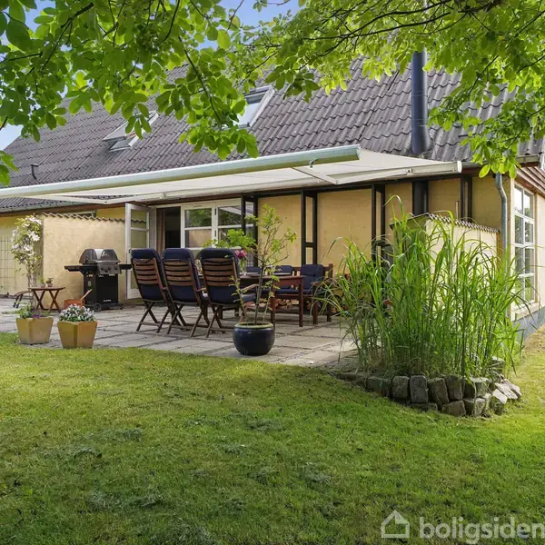 Terrasse med spisebord og stole står under en overdækket sektion ved et gult hus. Omgivet af græsplæne og store potteplanter. Grønt løv hænger fra træer over terrassen.