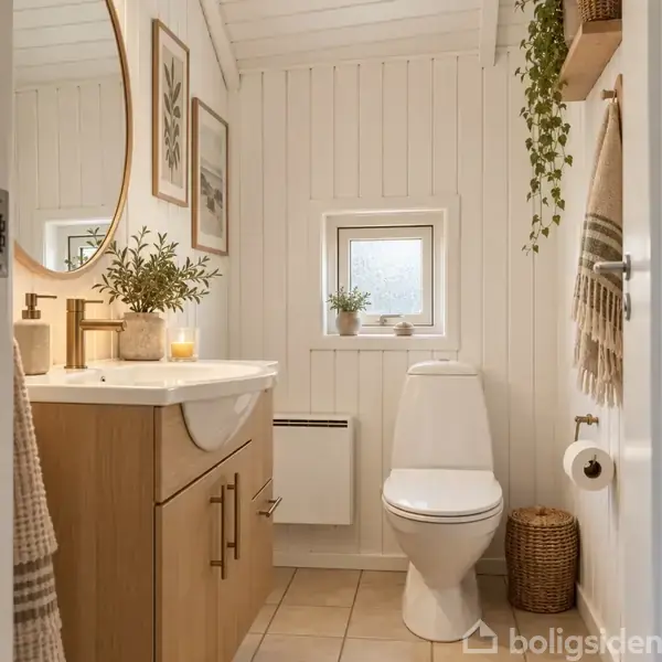 En moderne badeværelsesindretning med et rundt spejl over en vask og skab, planter i potter, et lille vindue, toilet, hængende håndklæde og dekorative billeder på væggen.