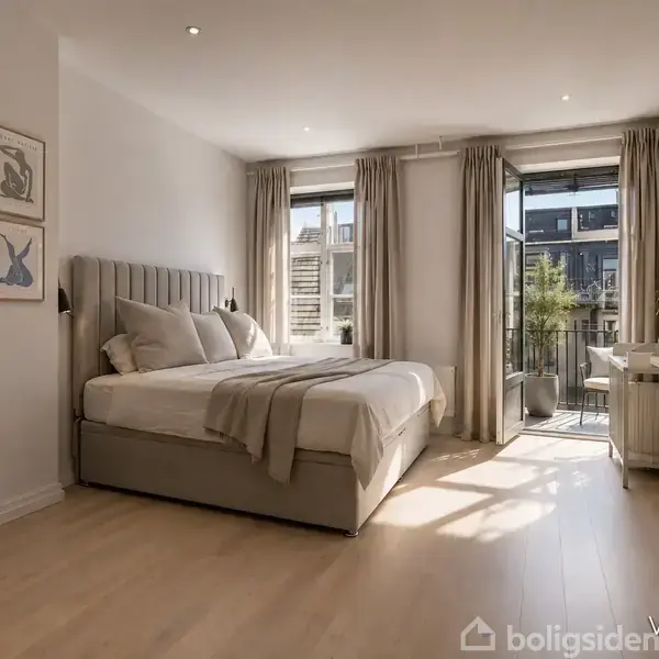 En rummelig og lys soveværelse med en stor dobbeltseng; sollys stråler gennem store vinduer med gardiner; høje skabe og elegant dekoration; en altan med udsigt.