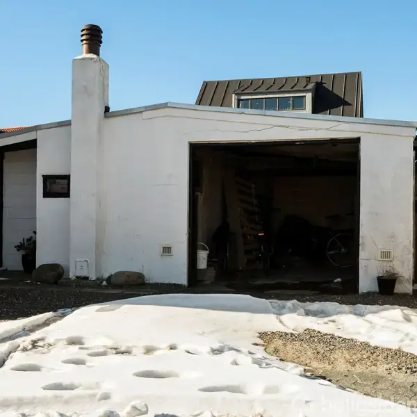 En hvid garagebygning står åben med en cykel og opbevaring indeni. Sollys skinner på indkørslen, der har pletter af smeltende sne og grus omgivet af en bolig i baggrunden.