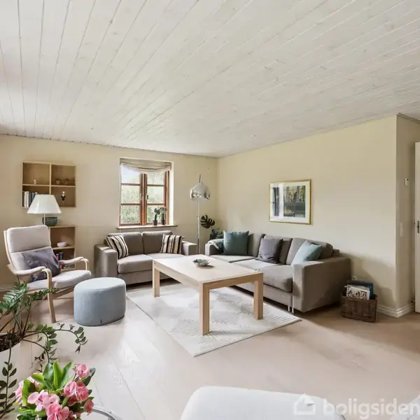 Stue med lyse vægge og loft, en grå sofa og et træbord. En lænestol og en puf står ved vinduet. Plante og blomster på gulvet.