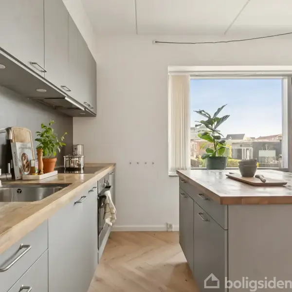 Et moderne køkken har grå skabe, en indbygget ovn, og en træbordplade. En stor plante og decor står på køkkenøen. Vinduerne viser udsigt over byens tage.