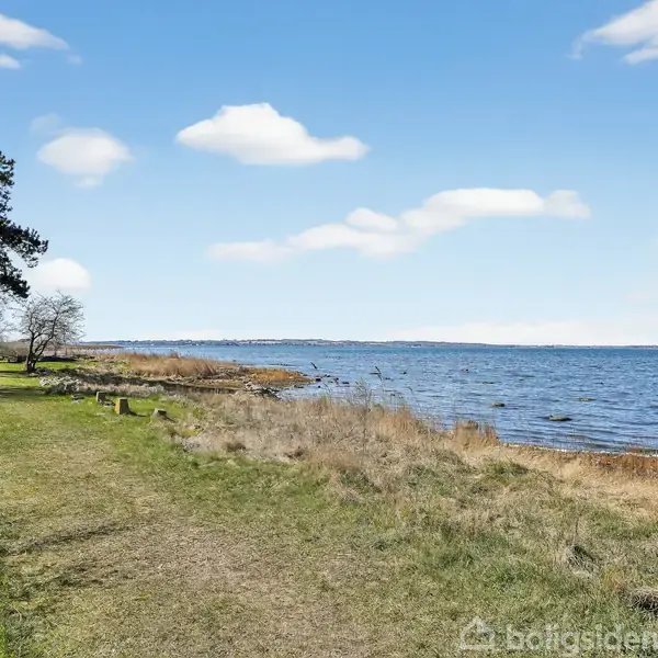 Havet møder kysten med klart blåt vand, der skvulper mod strandkanten. Omgivet af grøn vegetation og åben himmel skaber det en rolig og naturskøn stemning.