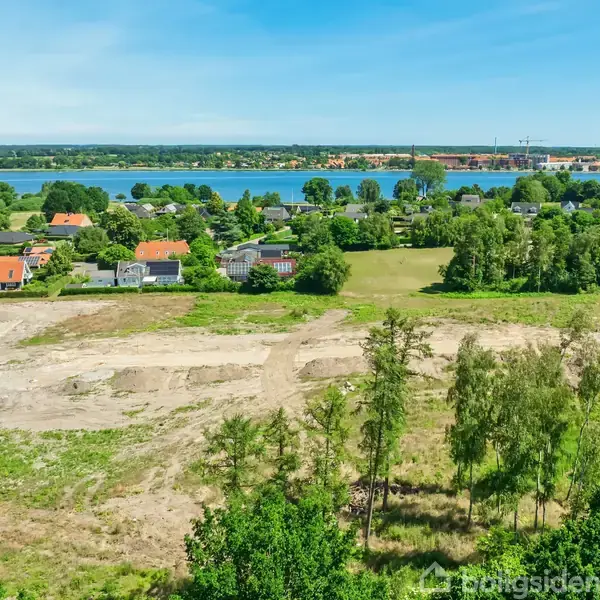 Et åbent grønt område med nogle træer, der grænser op til en række huse. I baggrunden flyder en flod roligt forbi, omgivet af flere træer.