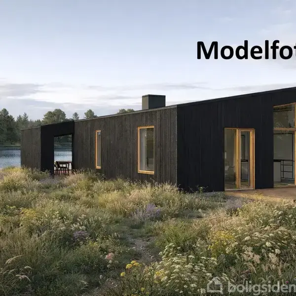 Et moderne, sort træhus med store vinduer står stille ved en sø, omgivet af en eng med vilde blomster. Tekst: "Modelfoto".