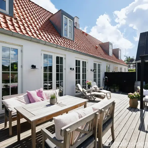 Terrassen er møbleret med et træbord og bænke med puder. Baggrund viser et hus med rødt tegltag og mange vinduer. Blomsterpotter pynter området under en blå himmel.
