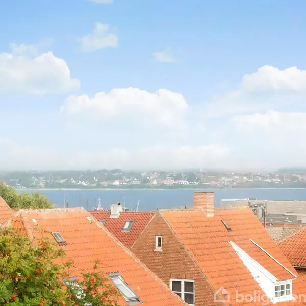 Rødt tegltag dominerer forgrunden, stille ligger huse med røde tage. I baggrunden ses en dybblå kystlinje og skyer på blå himmel, set gennem et vindue.