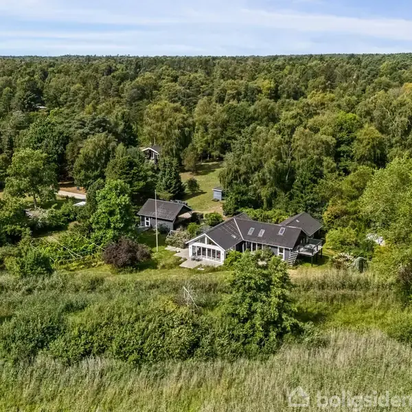 Hus ligger stille i et grønt landskab omgivet af høj vegetation og skov. Andre huse ses spredt i baggrunden. Himlen er klar med blå toner.