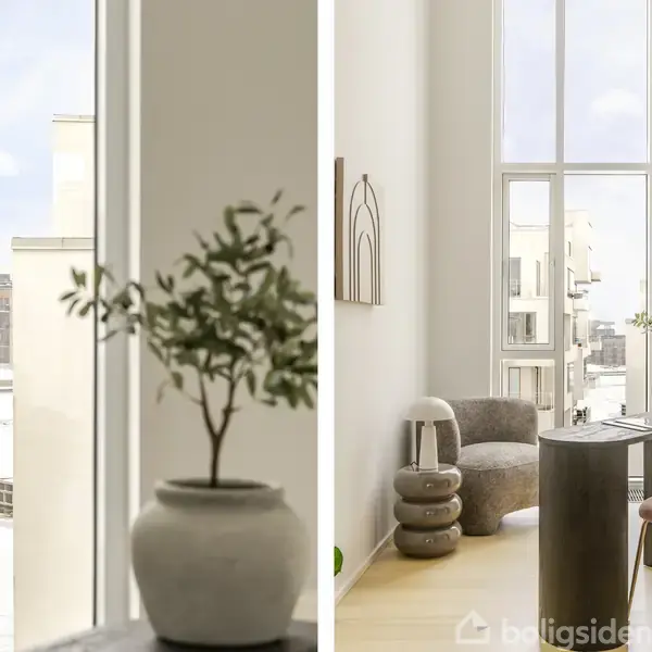 En indendørs plante står på et bord i en lys stue med høje vinduer. Udenfor ses moderne bygninger. Stuen er minimalistisk indrettet med en stol, bord og dekorationer.