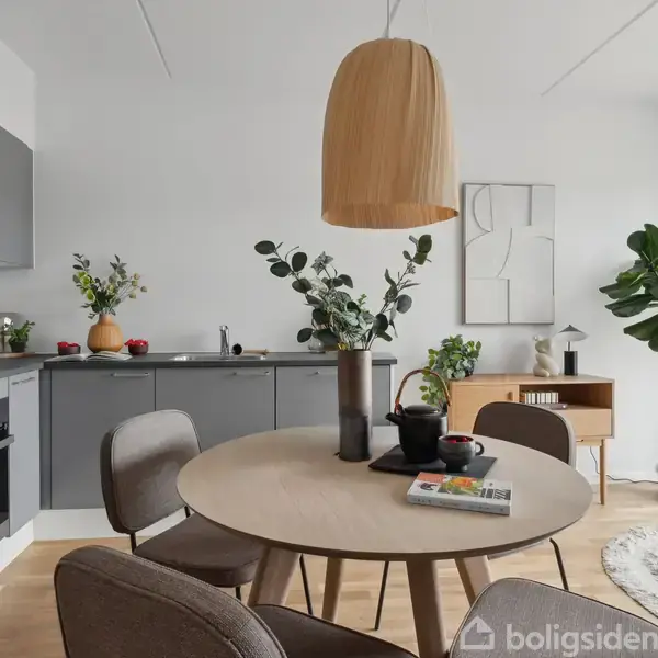 Et rundt spisebord med stole omkring står i et moderne køkken-alrum. En plante og dekorationer pynter rummet, der har grå skabe, træmøbler og et stort vindue med udsigt.