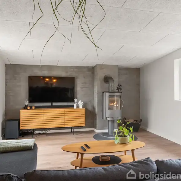 Sofa står i en stue foran et lavt træskab med en stor fladskærm. Brændeovn i hjørnet. Lyse vægge og loft omgivet af vinduer og grønne planter.