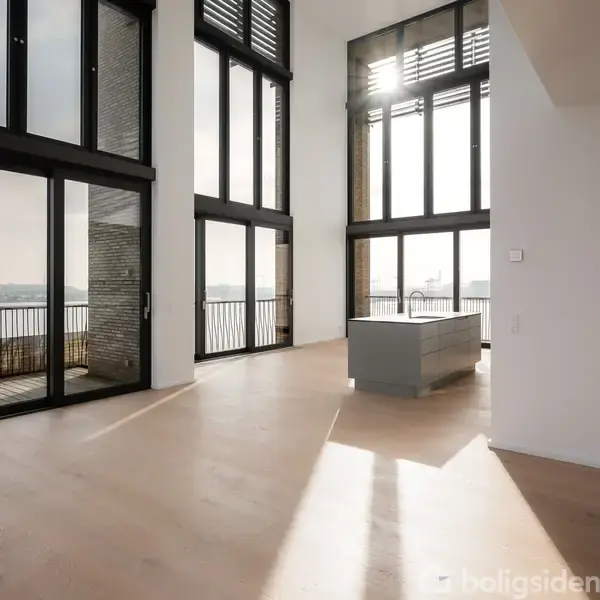 Et lyst, tomt rum med høje glasvinduer, der åbner mod en balkon med udsigt over vandet. Sollys strømmer ind, og der står en køkkenø midt i rummet.