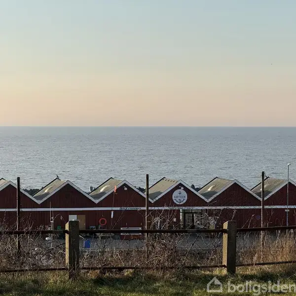 Røde bygninger med spidse tage står stille ved kysten, omgivet af et hegn og vilde græsser. Havet og en klar himmel ses i baggrunden. Tekst: "Steensgaard".
