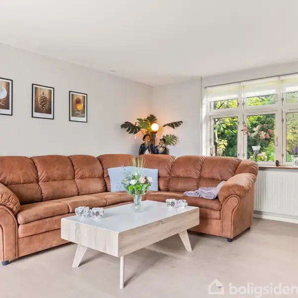 Brunt hjørnesofa står i en stue med billeder på væggen, en lav hvid rektangulær sofabord, og en stor stueplante. Lys strømmer gennem et vindue med udsigt til en have.