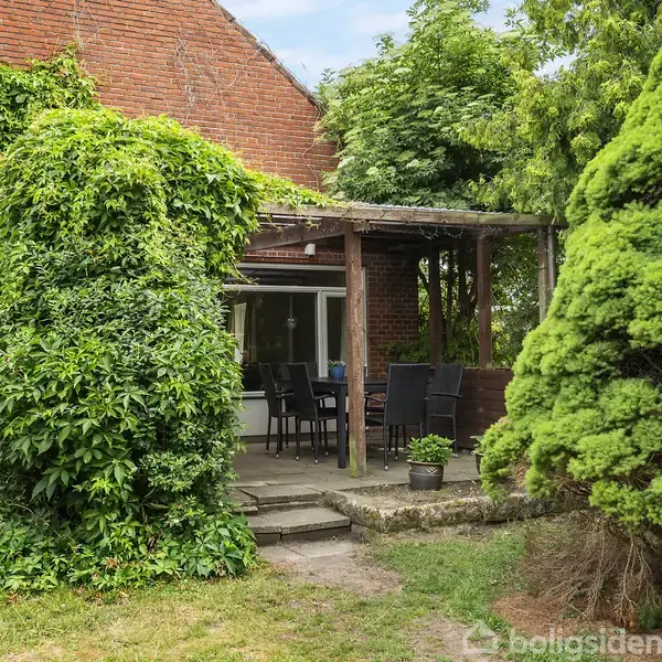 En terrasse med spisebord og stole står under en pergola overdækket af grønne planter. Huset i baggrunden har røde mursten. Omkring er der frodig vegetation og græsplæne.