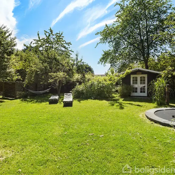 Græsplæne med to solstole og en hængekøje. I baggrunden et lille skur omgivet af træer, samt en trampolin. Klar blå himmel med få skyer.