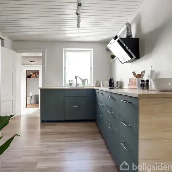 Køkken med grønne skabe og træbordplade. En vask og diverse køkkenredskaber står på bordet. Der er et vindue i midten og en dør til venstre. En plante ses på gulvet.