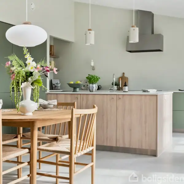 Rundt træbord med blomster i vase står i moderne, lyst køkken. Køkkenø med grønne skabe og dekorative elementer skaber en stilfuld atmosfære. Lamper hænger over bord og ø.