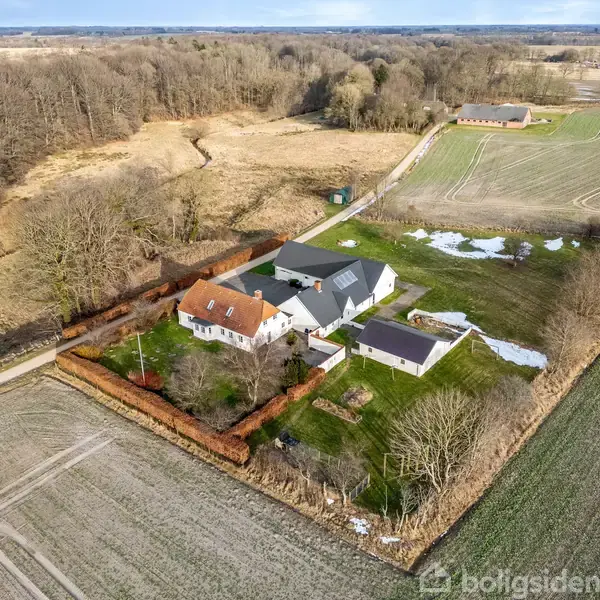 Huskompleks omgivet af marker og skov. Høstakke i baggrunden, snepletter i haven. Hækkene omkranser ejendommen, som indeholder flere bygninger med forskellig tagbelægning. Ingen tekst fundet.