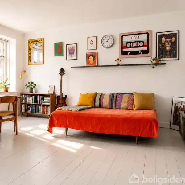 En stue med en orange sofa med farverige puder. Væggene har kunstværker, en hylde og et ur. Et vindue bader rummet i lys. Ord: Louisiana, 80’s.