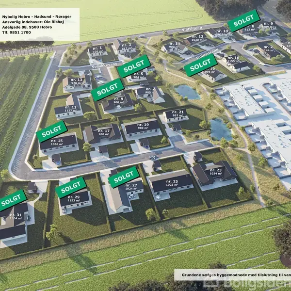 Boliger i et nybyggeri-projekt er indrammet af grønne arealer, med 13 huse markeret som "SOLGT". I øverste venstre hjørne er kontaktoplysningerne for Nybolig: Adelgade 86, 9500 Hobro, Tlf. 9851 1700.