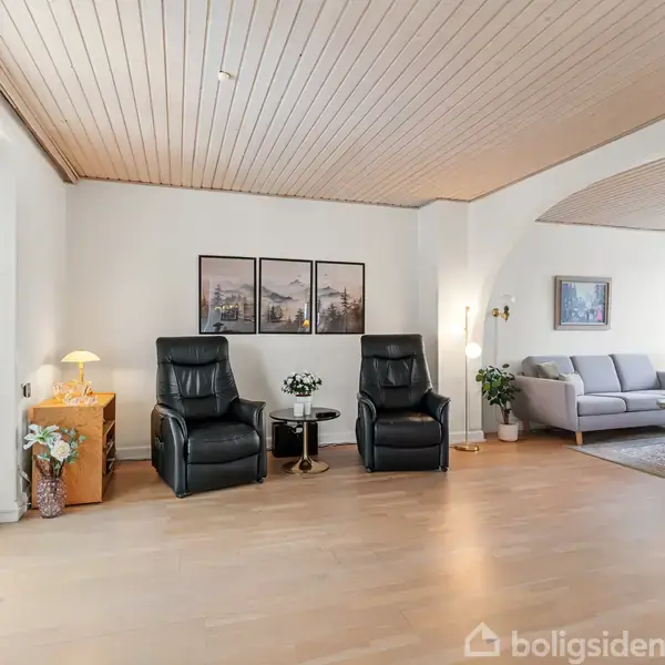 To lænestole står ved siden af et lille bord med blomster, mens en sofa og et tæppe er placeret ved siden af i en lys stue med trægulve.