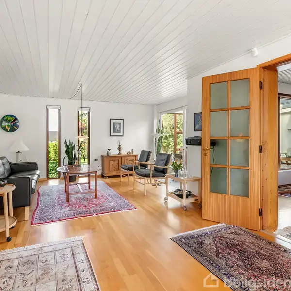 En stue med trægulv. Møbler arrangires komfortabelt med sofa, stole og borde. Store vinduer giver naturligt lys. Døre fører til et tilstødende rum, og tæpper giver hygge.