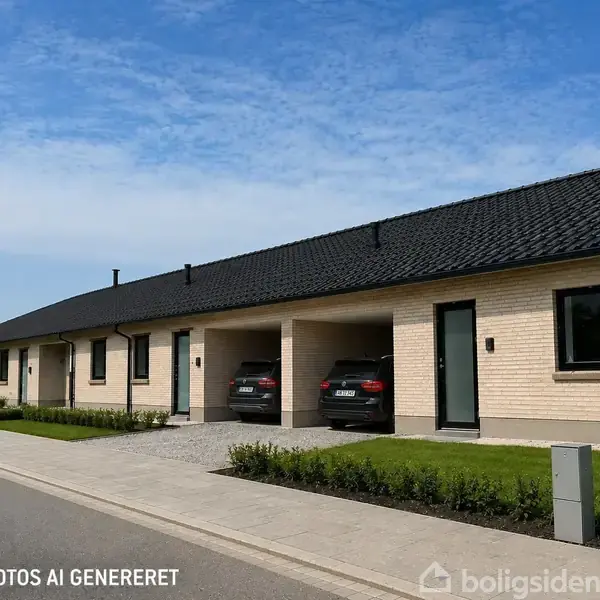 Rækkehus med lyst murværk har to biler parkeret i indkørslerne. Det ligger i et moderne boligområde med grønne forhaver og er omgivet af en blå himmel.