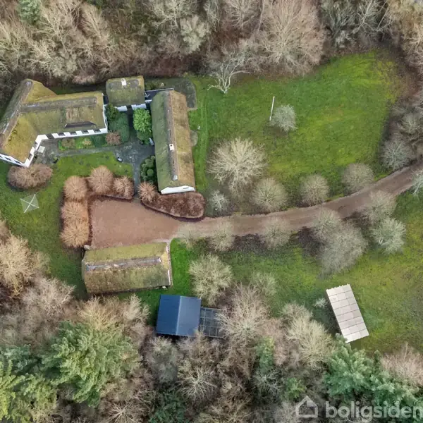 En gård omgivet af træer med flere bygninger, der har græs på tagene, ligger i et grønt område med en grusvej, der snor sig forbi.