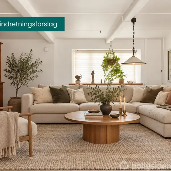 Stue med lys sofa i L-form fyldt med puder, rundt træbord med dekorative genstande, tæppe, og grønne planter. Væggene er pyntet med kunstværker. Tekst: “AI-indhold indretningsforslag”.