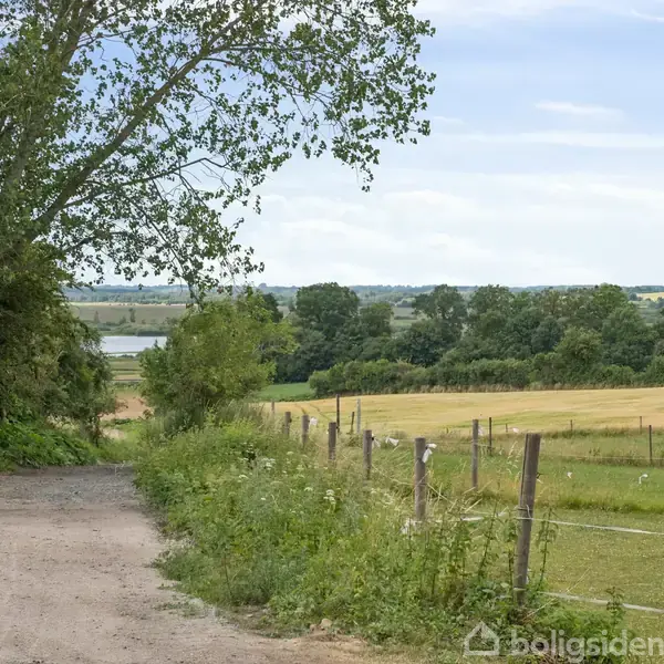 En grussti løber gennem et landligt område med marker til højre og træer til venstre. I baggrunden ses en sø og skovklædte bakker under en blå himmel.