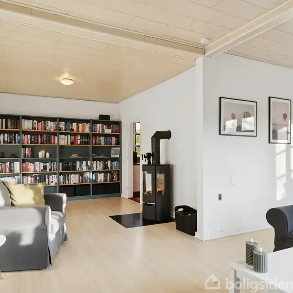 En stue med en grå sofa til venstre, en sort reol fyldt med bøger og en sort brændeovn. Lyst trægulv og hvide vægge skaber en lys og åben atmosfære.